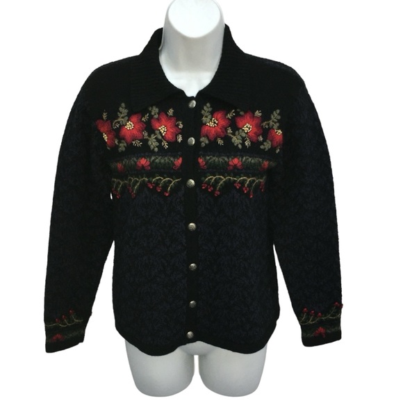 𝅺Vtg TALBOTS Holiday Lambswool Blend Embroidered Cardigan Sweater 34” Bust - Picture 3 of 14
